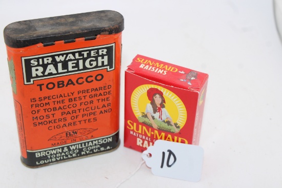 Vintage Sir Walter Raleigh Tin Can, Empty Vintage Box Sun Main Raisens