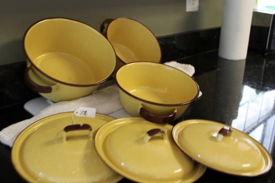 3 Soup Pot Kettle, Yellow Enamelware, Brown Trim, White Specks