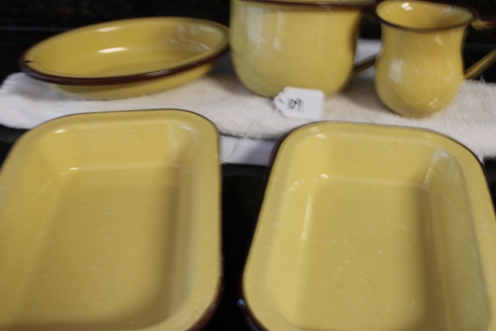 5 Pc Set of Brown Trimmed Yellow Enamelware, White Specks