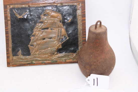 Antique Hammered Copper Mounted Picture Ship, Vintage Cast Iron Hanging Weight