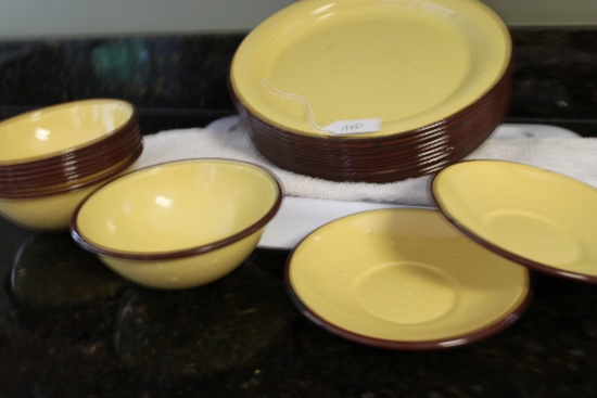 21 Pc Set of Brown Trimmed Yellow Enamelware Plates, Bowls, Saucers