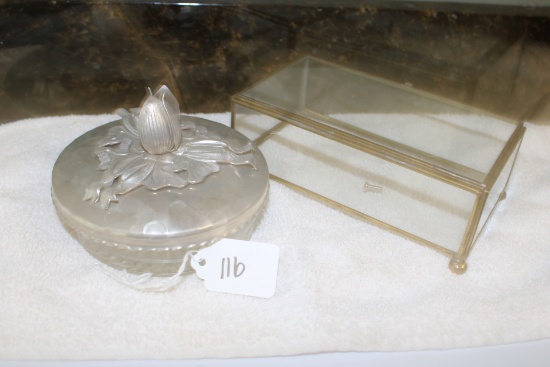 Vintage Rodney Kent Hammered Aluminum Glass Dish, Glass Square Footed Box