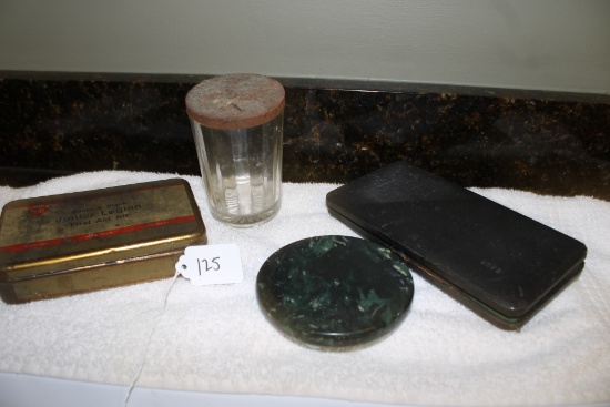 Junior Legion First Aid Kit with keys,  Vintage Glass jar, Vintage Precision Instruments