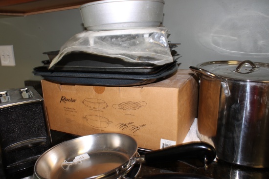 Lot of Kitchen Cookware, Revereware & Faberware Pans, Toaster, Rancher Roaster Set New in Box, Etc