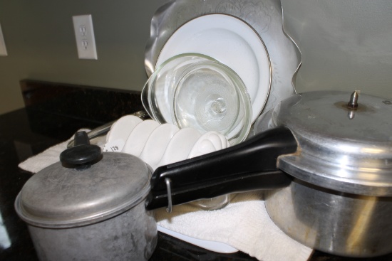 Vintage Cookware Items, Platters, Pressure Cooker (Mirro Matic 4 qrt), Enterprise cookware pot