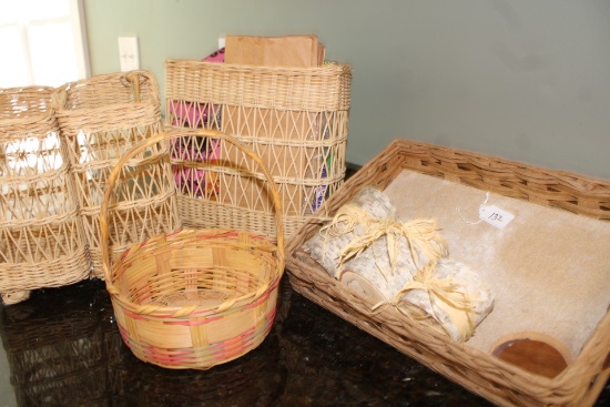 Wicker Basket Wall Hangers, Pyrex Holder/Tray, Wood Stump Candle Holder