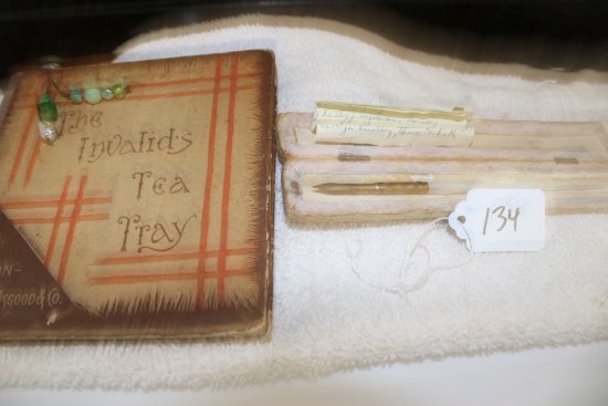 Antique Victorian Dip Pen Pearl Style Handle & Case with Invalids Tea Tray