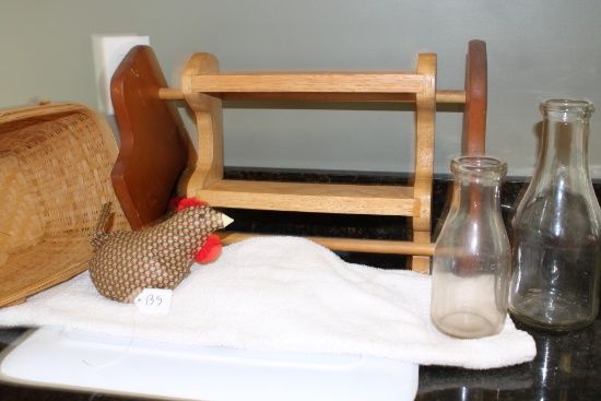 Wooden Wall Shelf, 2 Milk Bottles,Basket