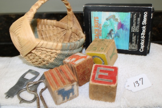 Handmade Basket, vintage Blocks, Beach Boys 8-Track, Bottle Openers