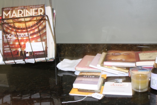 Magazine Rack wih Books, Magazines, Lavender Pillow Spray, Candle