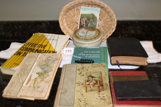 Vintage Books, Bible, Basket, Pottery Signed Walton Dish with Lid