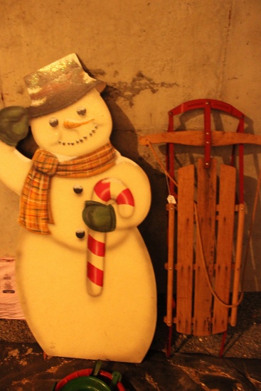 Vintage Snow Sled and Snow man