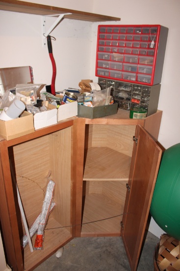 Corner Shelf with organizers, nuts and bolts.