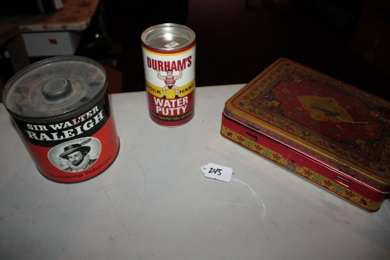 Durhams Watter putty, tobacco can and candy tin can.