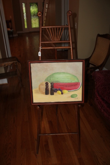 Wood Easel and original water color art on canvas by T. Lawing.