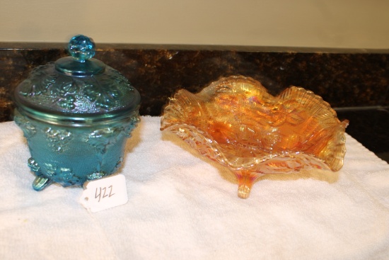 Blue Carnival Glass Candy Dish with Lid, Amber Carnival Glass Fotted Dish