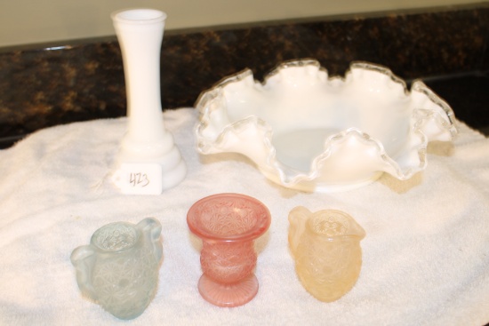 Milk Glass Candle Stick, Fenton Style Glass Dish, Mini Botton Daisy Pitcher & Urn