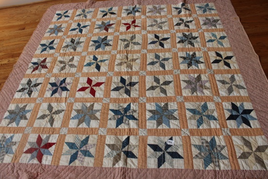 Vintage Quilt Red Checkered Trim, Pinwheel Design, Peach Outline, Striped Back in Pink, Blue