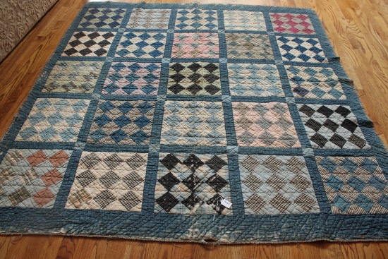 Antique Quilt Blue Trimming with Diamond Designs, Red/Green Back