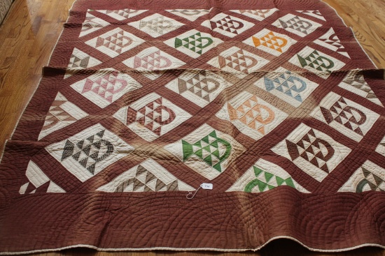 Vintage Quilt Sage Green, Red Trim, Basket design, Blue Back