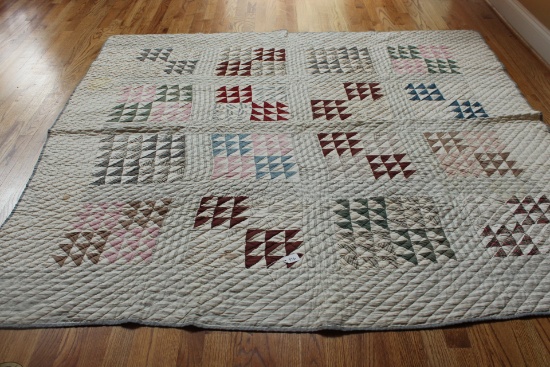 Vintage Triangle Patchwork Quilt, Stripping Along Trim, Blue Back