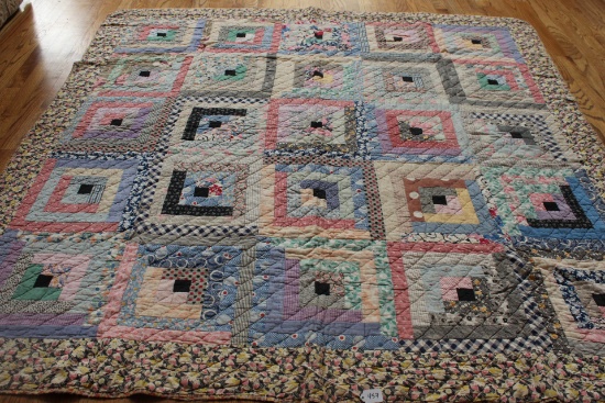Vintage Patchwork Quilt, Flower Trimming, Striped back