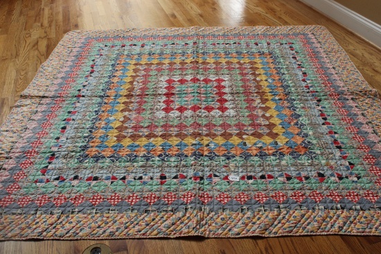 Vintage Quilt Concentric Colorful Rows of Squares, Beige Back