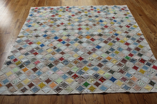 Hand Stiched Cathedral Window Quilt, White, Multi Color Patches