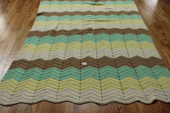 Handmade Crochet Blanket, Chevron Pattern, Yellow, Brown, Aqua
