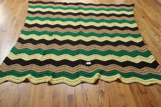 Handmade Crochet Blanket, Brown, Tan, Green & Yellow