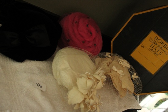 Vintage Ladies Net Veils, & Black Velvet and Bow, Pink Pillbox, Dobbs 5th Ave Hat Box