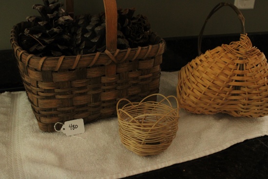 Lot of Handcrafted Baskets, 3 sizes, Dark Brown with Pinecones, Egg Basket, Mini Crafted