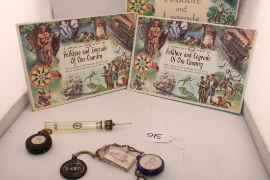 ESSO Folklore Road Maps, key chain, and beaker.