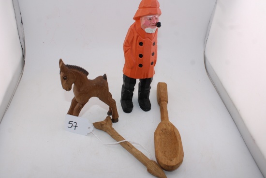 Hand Carved Wood Items Captain, Pony, Arrow, Paddle