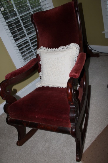 Antique Victorian Rocking Chair Maroon velour Upholstery, With Pillow