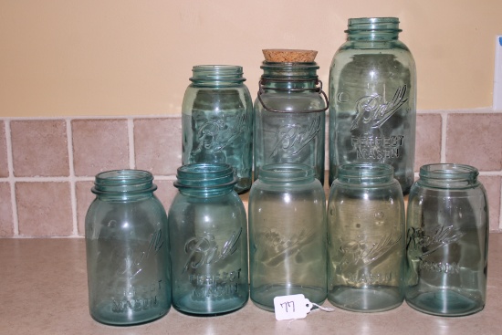 Collection of 8 Antique Blue Glass Mason Jars