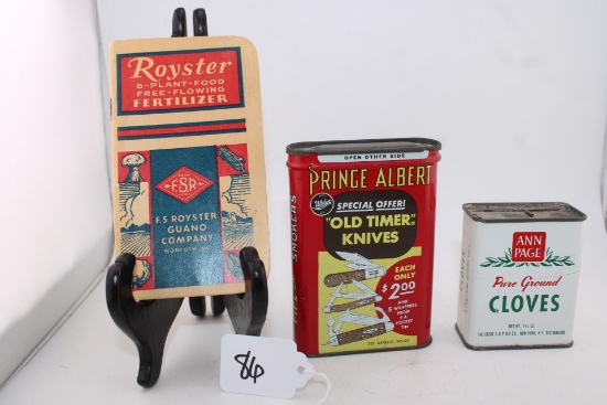 Royster Fertilizer Book, Prince Albert Long Burning Pipe and Cigarette Tin, Ann Page Pure Ground Clo