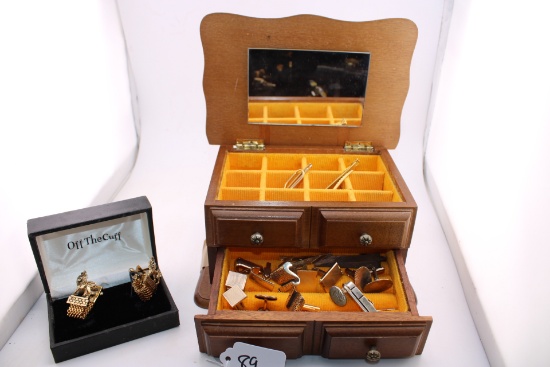 Cuff Links and small wood Jewelry Box Lot