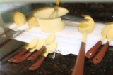 Brown Trimmed Yellow Enamelware White Speckled Spoons, Cooking Utensils, Yellow Enamelware Black Tri
