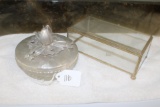 Vintage Rodney Kent Hammered Aluminum Glass Dish, Glass Square Footed Box