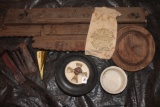 Rail Road Spikes, enamel bowl wood wheel and other items.
