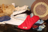 Basket of Vintage Table Linens, Mits, Seat Covers