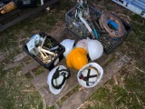 PALLET LOT OF CONTRACTOR TOOLS, COME A LONGS, DRAIN SNAKES, HARD HATS