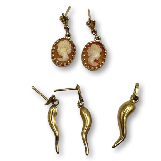 14K Gold Horn Earrings and Pendant with Cameo Earrings