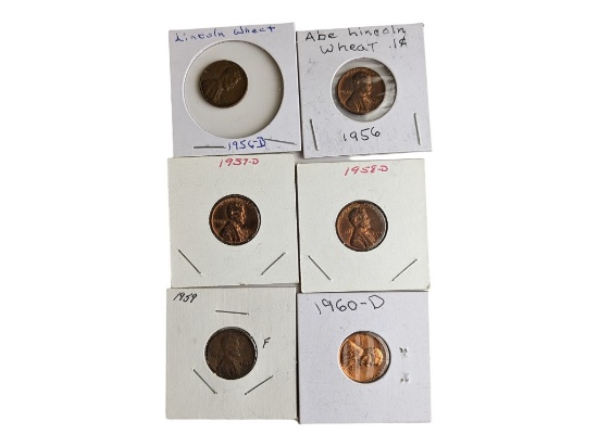 Lot of 6 Lincoln Wheat Pennies - 1956-D, 1956, 1957-D, 1958-D, 1959 & 1960-D