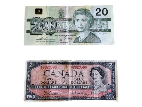 Lot of 2 Canadian Bills - 1991 $20 & 1954 $2