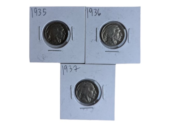 Lot of 3 Buffalo Nickels - 1935, 1936, 1937
