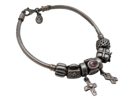 Sterling Silver Pandora Charm Bracelet - Breast Cancer & Cross Charms