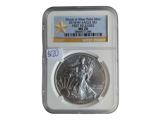 2014-W Eagle Silver Dollar - West Point Mint - First Releases - MS70