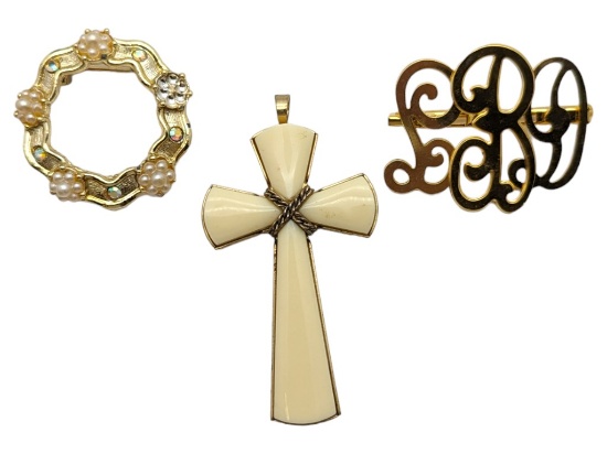 Lot of 3 Ladies Accessories - 2 Pins & a Cross Pendant